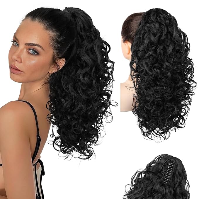 Flufymooz 100％ Pure Protein Ponytail Extension, 18 Inch Curly Claw Clip Ponytail Hair Extensions Natural Soft pony tail hairpiece for women-Natural Black