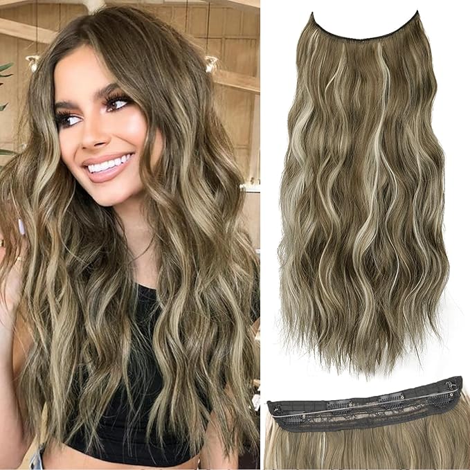 Ash Medium Brown Highlights Invisible Wire Hair Extensions Long Wavy Synthetic Hairpiece with 4 Secure Clips for Women 20 Inch Clip in Hair Extensions