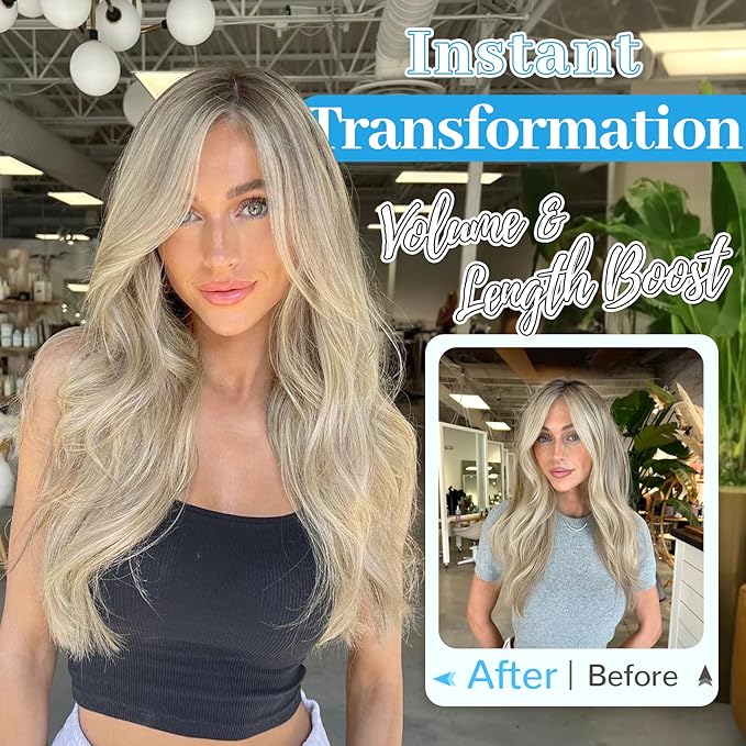 KooKaStyle Invisible Wire Hair Extensions Long Wavy Layered Synthetic Hairpieces with Transparent Wire Adjustable Size 6 Secure Clips Light Brown with Platinum Blonde for Women 20 Inch