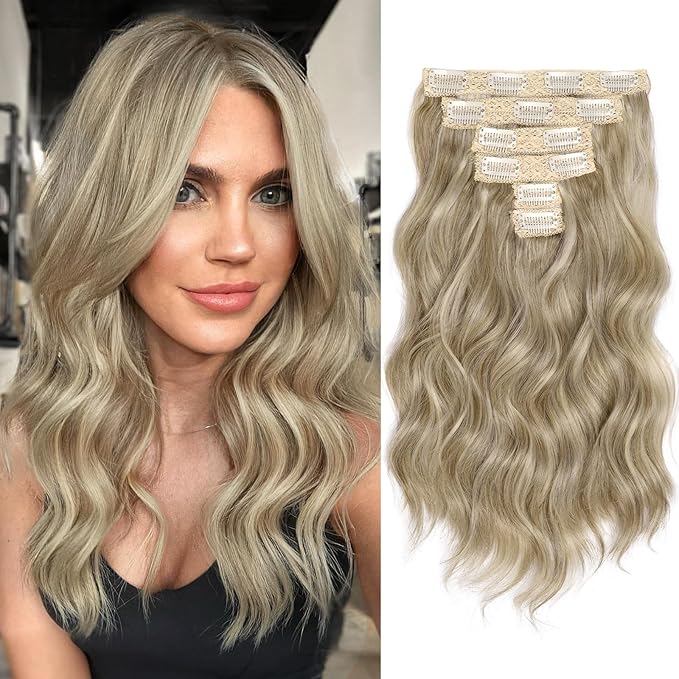 KooKaStyle Short Hair Extensions 6PCS 14 Inch Wavy Curly Hairpieces Synthetic Soft Lace Weft Clip in Hair Extensions-Ash Brown mix Platinum Blonde for Women