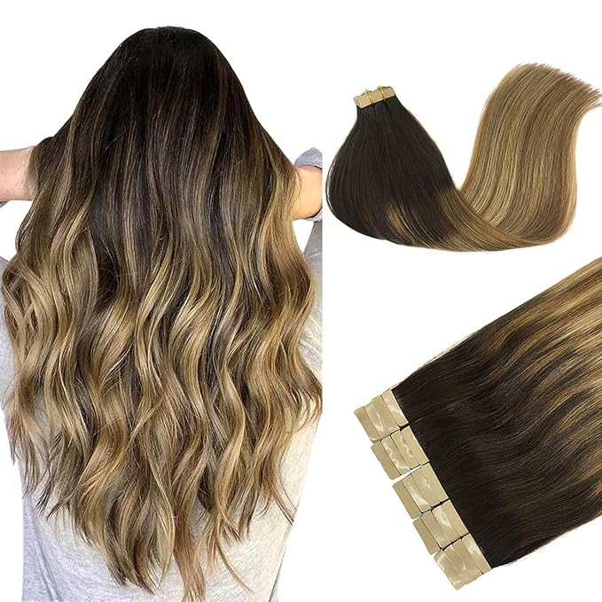 DOORES 20pcs 50g Hair Extensions Tape in Balayage Dark Brown to Chestnut Brown and Dirty Blonde Tape in Human Hair Extensions Real Hair Glue in Extensions Straight 16 Inch