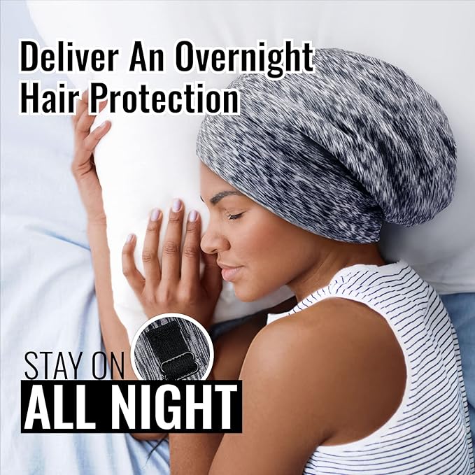 Satin Lined Sleep Cap Bonnet for Curly Hair and Braids, Stay On All Night Hair Wrap with Adjustable Strap for Women and Men, Dark Grey and White, Pack of 1