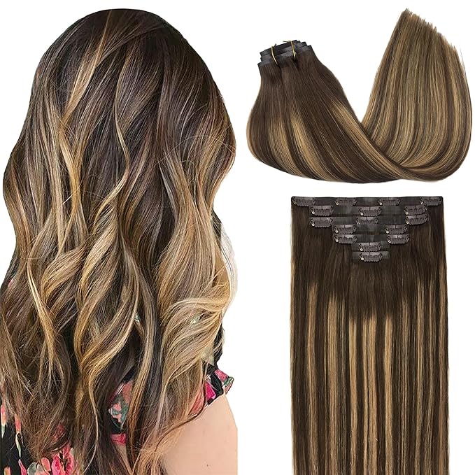 GOO GOO Clip in Hair Extensions Real Human Hair, Remy Human Hair Extensions Clip ins for Women, Natural Human Hair, 18inch 130g 7Pcs, 4/27/4 Balayage Chocolate Brown to Caramel Blonde