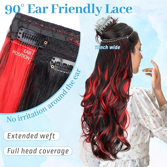 KooKaStyle Invisible Wire Hair Extensions 20"Long Wavy Layered Synthetic Clip in with Adjustable Size 6 Secure Clips Black with Red Highlights Thick Hairpieces for Women 20 Inch