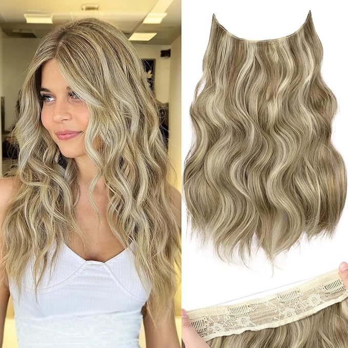 KooKaStyle Invisible Wire Hair Extensions with Transparent Headband Adjustable Size 4 Secure Clips Long Wavy Secret Wire Hairpiece 10H24#Dirty Blonde Mixed Bleach Blonde 16 Inch for Women