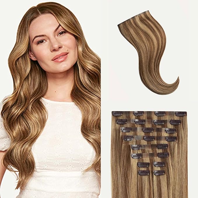 Luxy 100% Remy Human Hair - Seamless Clip-In Hair Extensions - Multi-Dimensional Color for Natural Blending, Adds Volume & Length 50 grams 12"Chestnut Brown Highlights Seamless