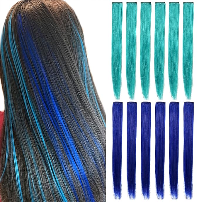 Rhyme 12 PCS Princess Party Highlight Blue Teal Hairpieces 21 inch Colored Hair Extension Clip in/on for Amercian Girls Wig Pieces for Kids (Blue Teal)
