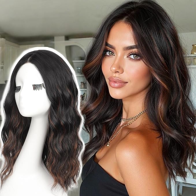 AISI HAIR Black Mix Brown Wig for Women Medium Length Wave Curly Glueless Synthetic Heat Resistant Hair Wigs for Daily Party Cosplay