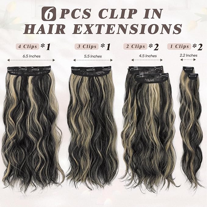 BARSDAR Black Mix Blonde Highlight Clip in Hair Extensions - 20 Inch Beach Wavy Clip in Hair Extensions for Women - 6PCs Thick Soft Synthetic Balayage Hairpieces Daily Party Halloween
