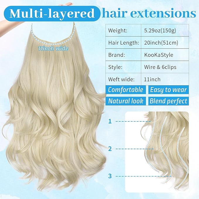 KooKaStyle Invisible Wire Hair Extensions Long Wavy Layered Synthetic Hair Extensions with Transparent Wire Adjustable Size 6 Secure Clips 4T613D#Platinum Blonde Hairpieces for Women 20 Inch
