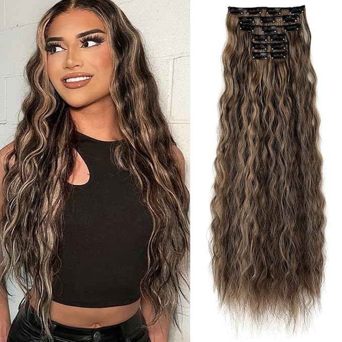 LONAI Clip In Hair Extensions, 6PCS Curly 24" Long Synthetic Clip On Hairpiece For Women