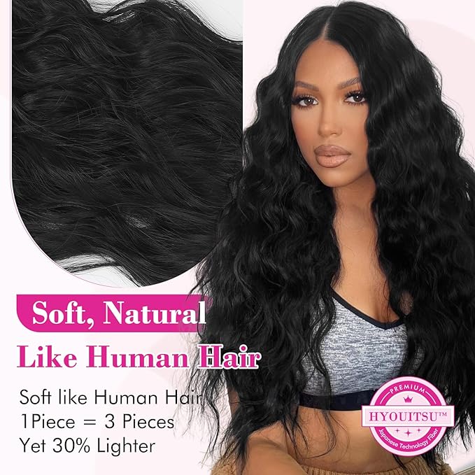 REECHO Black Hair Extensions, 20” Single Piece Clip in Hair Extensions Thick Long Beach Wavy Natural Soft Synthetic Hairpieces for Women, Natural Black