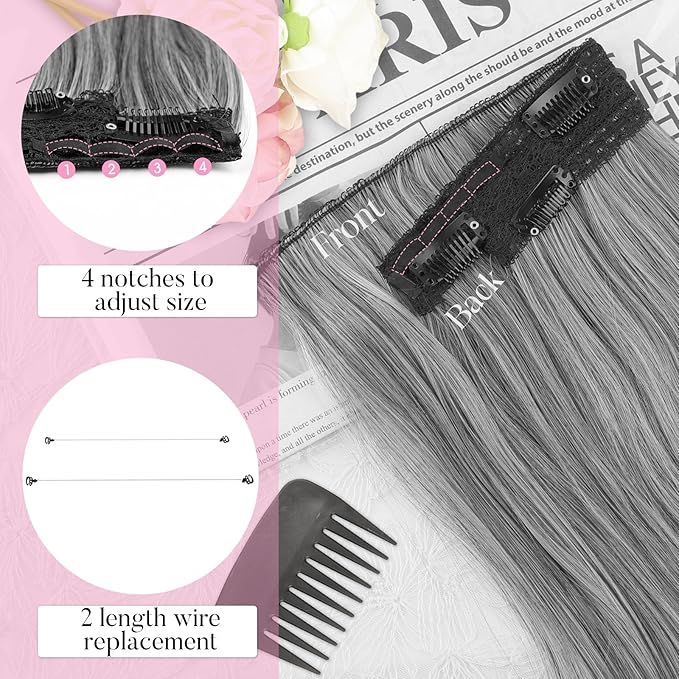 Invisible Wire Hair Extensions with Transparent Wire Adjustable Size 4 Secure Clips Long Wavy Secret Hairpiece 20 Inch for Women(OMber Grey)