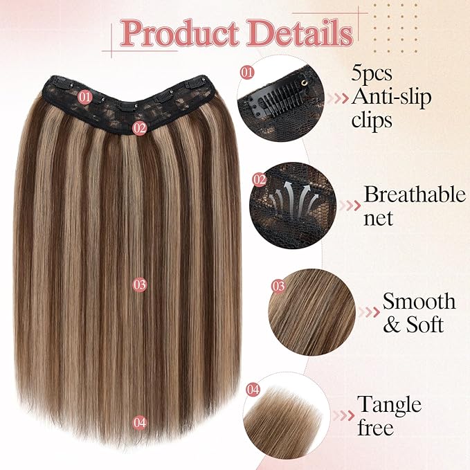 One Pieces Clip in Hair Extensions Human Hair Upgraded V-Shaped 5 Clips Long Hairpiece For Women,4P27 Medium Brown mixed Dark Blonde 20 Inch,70g