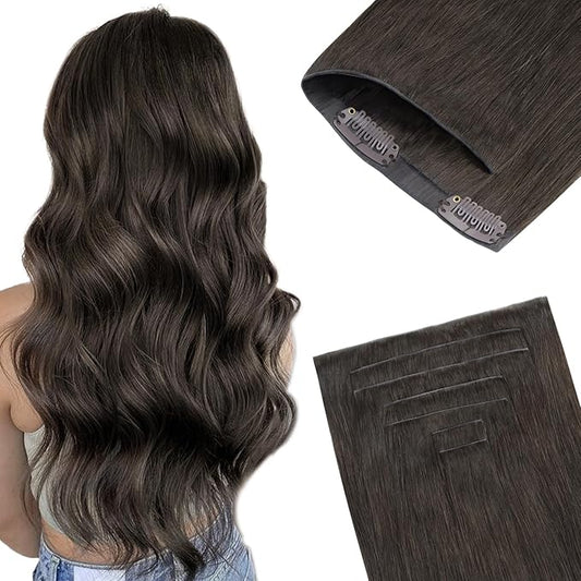 GOO GOO Invisi Edge Clip in Hair Extensions, 24inch 120g 7Pcs, Injected Seamless PU Clip in Hair Extensions, Virgin Real Human Hair, #1C Mocha Brown