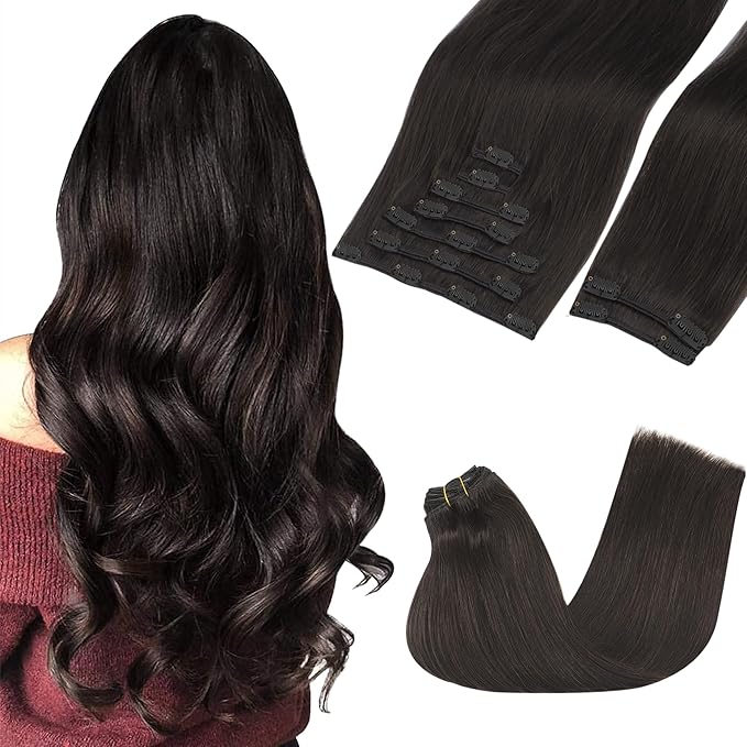 GOO GOO Clip in Hair Extensions Real Human Hair, Remy Human Hair Extensions Clip ins for Women, Natural Human Hair, 14inch 150g 9Pcs, 2 Dark Brown
