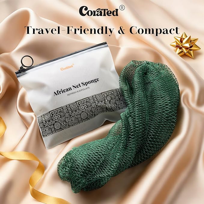 CORATED African Net Sponge Authentic, Shower Loofah Exfoliating Bath Sponge, Body Scrubber for Women and Men Daily Use Body Care, Travel Portable Bath Accessories for Bathroom (Linen & Dark Green)