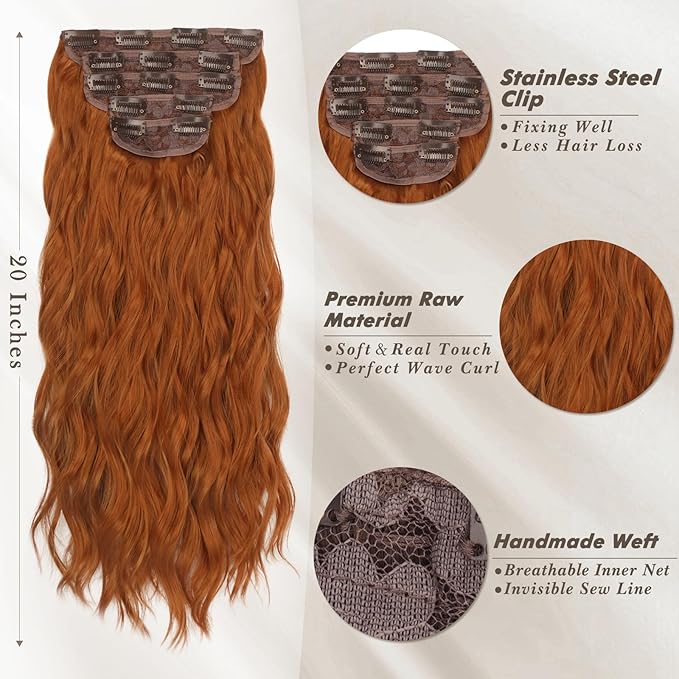 BARSDAR Ginger Copper Clip in Hair Extensions - 20 Inch 5PCs Full Head Wavy Clip in Hair Extensions for Women - Voluminous Thick Soft Synthetic Hairpieces Daily Party Halloween- Ginger Copper