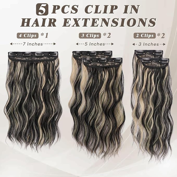BARSDAR Short Wavy Clip in Hair Extensions - 14 Inch Black Blonde Highlights Hair Extensions for Women - 5PCs Thick Soft Synthetic Clip in Hairpieces Daily Party - Black with Blonde Highlights