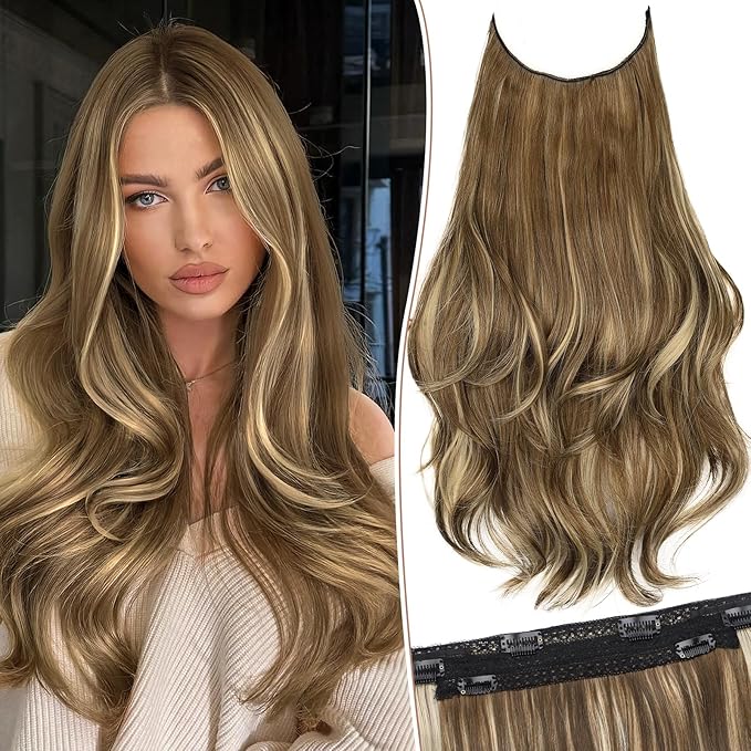 KooKaStyle Invisible Wire Hair Extensions Long Straight Layered Synthetic with Transparent Wire Adjustable Size 6 Secure Clips Hairpieces for Women 20 Inch (20 Inch, Light Brown with Caramel Blonde)