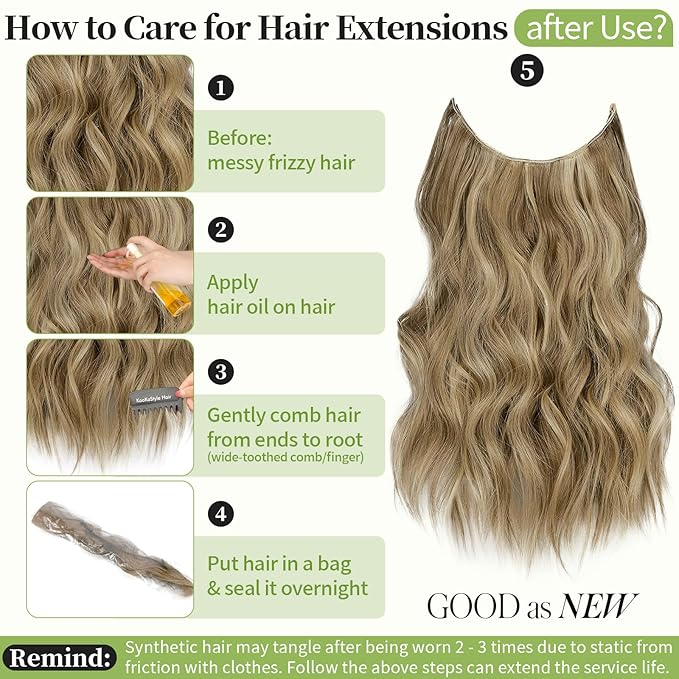 KooKaStyle Invisible Wire Hair Extensions with Transparent Headband Adjustable Size 4 Secure Clips Long Wavy Secret Wire Hairpiece for Women(16 Inch Light Brown mix Golden Blonde)