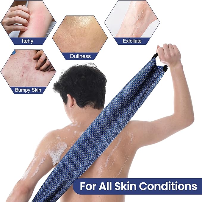 Japanese Exfoliating Loofah Back Scrubber - Shower Bath Towel for Men & Women (2 Pack Blue, 33.4" x 11.8")