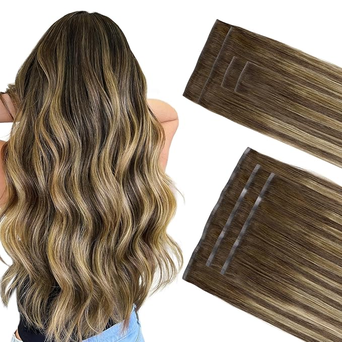 GOO GOO Invisi Edge Clip in Hair Extensions Set, 24inch 150g, 4pcs Injected Seamless PU Clip ins and 3pcs Classical PU Clip ins Virgin Real Human Hair, #(T4/27) P4