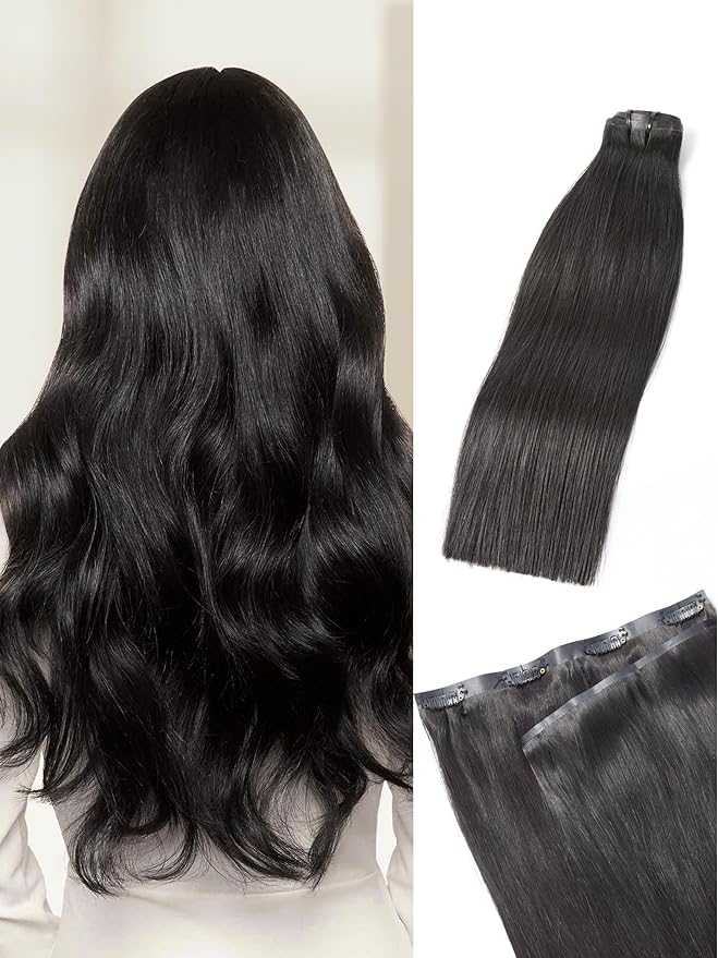 LUVME Straight Seamless 70g 4Pcs Clip in Hair Extensions Full Max with 18inch Remy Human Hair Clip ins Extensions, Natural Black 100% Real Soft Hair