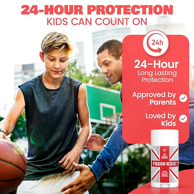 Fresh Kidz Deodorant Stick for Kids and Teens - Baking Soda and Aluminum-free 24 Hour Protection for Sensitive Skin - Boys "Red", 2.65 oz / 75 g (2 Pack)