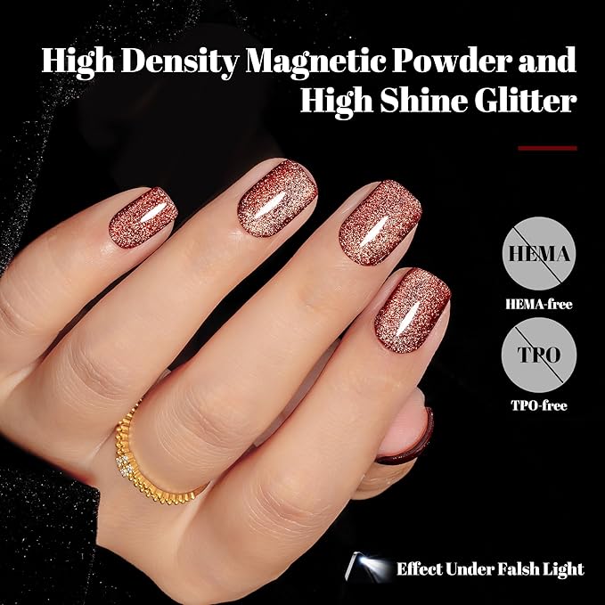 YTD Likomey Cat Eye Gel Nail Polish,Platinum Glitter 15ml Burgundy Red Magnetic Reflective Flash Sparkle Shiny Salon Home Fall Winter UV Color Varnish with Magnet Stick,HEMA Free TPO Free,MY510