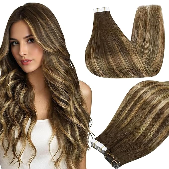 Full Shine Invisible Tape in Hair Extensions Human Hair Color 4 Medium Brown Ombre 24 Blonde And 4 Tape in Extensions 22Inch Remy Skin Weft Seamless Extension 100G 40Pcs