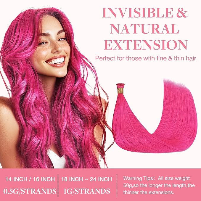 GOO GOO Colored I Tip Hair Extensions, Real Human Hair, 18inch 50g 50S, Cold Fusion I Tip, Invisible Remy, Hot Pink