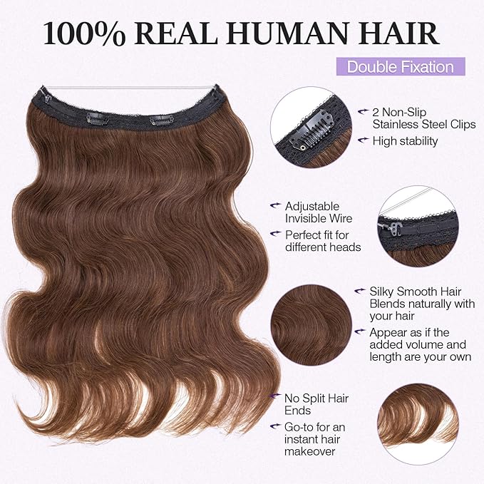 Halo Hair Extensions Real Human Hair,Halo Hair Extension 100% Human Hair,Wire Hair Extensions,Wavy 04 Medium Brown 75g/22inch