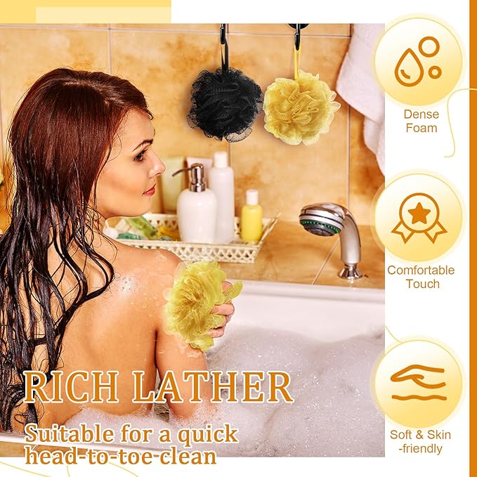 12 Pcs Christmas Bath Loofah Sponge Red Green Loofah Exfoliating Body Scrubber Shower Sponge 50g Mesh Shower Pouf Balls Gift Set for Women Men Bathing Accessories(Gold and Black)
