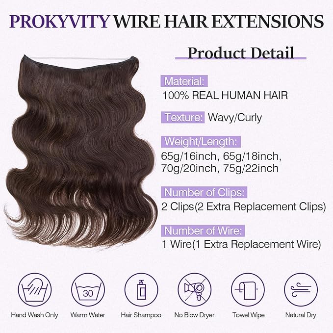 Halo Hair Extensions Real Human Hair,Halo Hair Extension 100% Human Hair,Wire Hair Extensions,Wavy 02 Dark Brown 70g/20inch