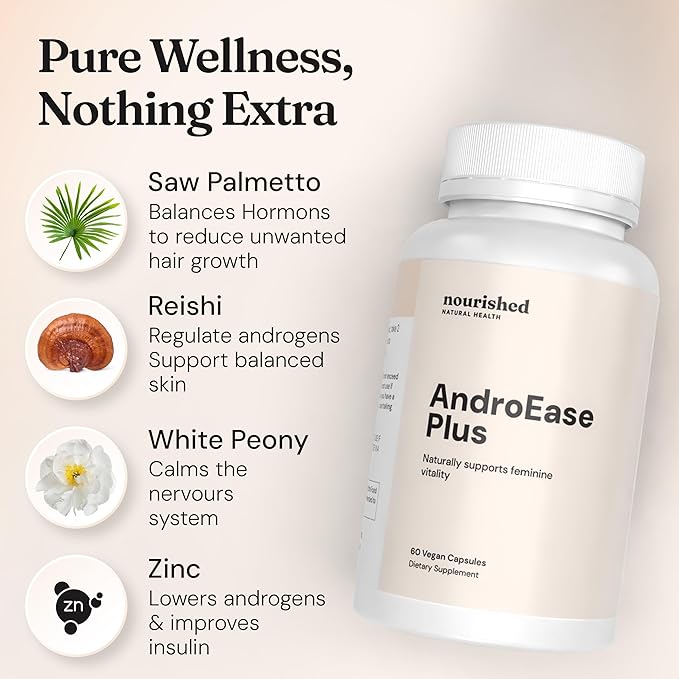 Nourished AndroEase Plus for Women’s Health - Zinc, Reishi, Green Tea and Saw Palmetto for Women - for Energy, Vitality, Facial Hair and Daily Wellness - 360 Capsules, Made in USA