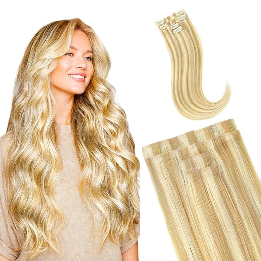 GOO GOO Invisi Edge Clip in Hair Extensions, 18inch 50g 4Pcs, Injected Seamless PU Clip in Hair Extensions, Virgin Real Human Hair, #16/22 Light Blonde Highlighted Golden Blonde