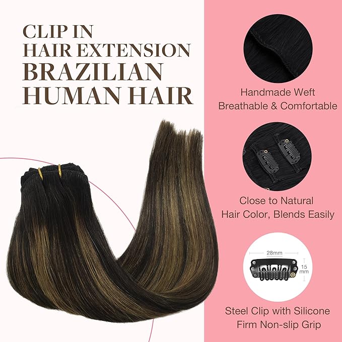GOO GOO Clip in Hair Extensions Real Human Hair, Remy Human Hair Extensions Clip ins for Women, Natural Human Hair, 24inch 120g 7Pcs, 1B/6/1B Balayage Natural Black to Chestnut Brown