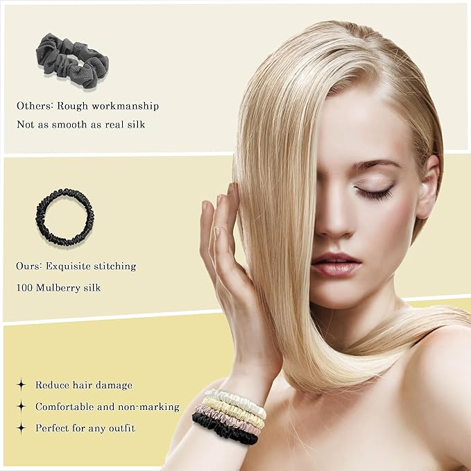 Mulberry Silk Hair Scrunchies for Women – 8 Pack Silk Hair Ties Set, Skinny Hair Sleep Scrunchies No Damage, Gentle on Curly & Thin Hair