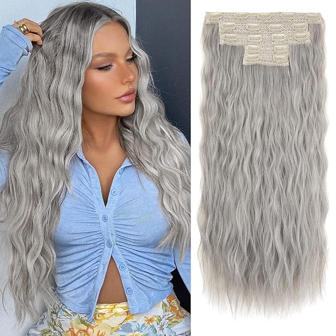 Clip in Hair Extensions, REECHO 5PCS Silver Grey Hair Extensions 24" Thick Long Loose Waves hair extensions HE002 Invisible Lace Weft Natural Soft Hairpieces for Women – Silver Grey