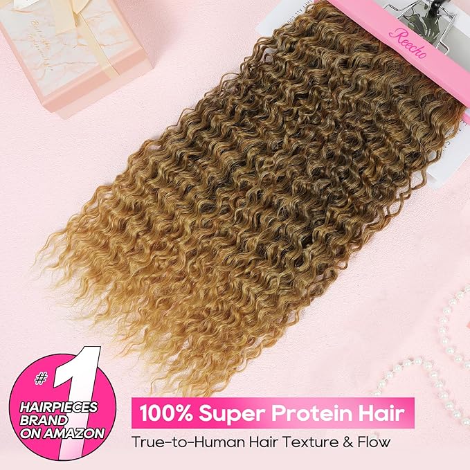 REECHO Hair Extensions - 4PCS 20" Water Wave Clip in Hair Extensions 100% Super Protein Silky Soft Natural Look with Invisible Lace Weft Hairpieces for Women - Mocha Foil with Lighter Ends