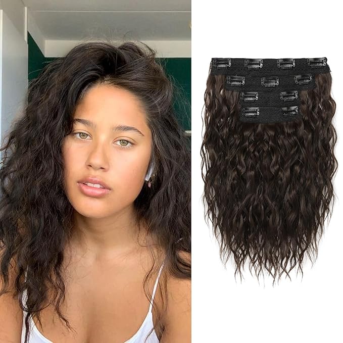 REECHO Clip in Hair Extensions, 4PCS Hair Extensions 12" Short Curly Wavy Blonde hair extensions Invisible Lace Weft Natural Soft Hairpieces for Women – Dark Brown