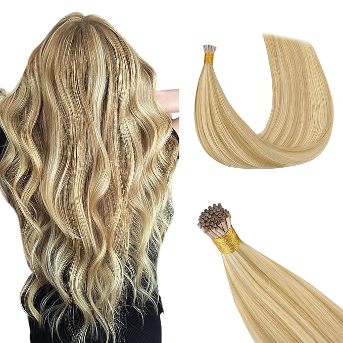GOO GOO I Tip Hair Extensions, Real Human Hair, 20inch 50g 50S, Cold Fusion I Tip, Invisible Remy, 18D/22F Dirty Blonde Highlights