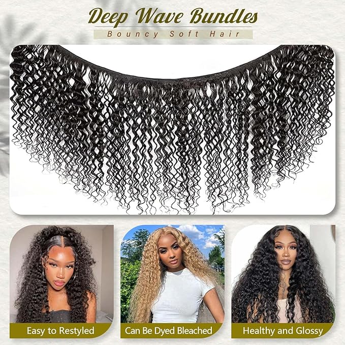 12A Deep Wave Bundles 4 Pcs Human Hair 16 18 20 22 Inch Deep Curly Human Hair Bundles 100% Unprocessed Virgin Hair Bundles xtensions Natural Black