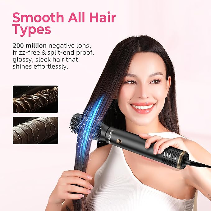 6 in 1 Hair Dryer Brush, Detachable Air Styler, 3 Heat Settings Blow Dryer Brush Frizz-Free Volumizing, Straightening, Curling ALCI Safety Plug for Travel & Home Styling (Black)