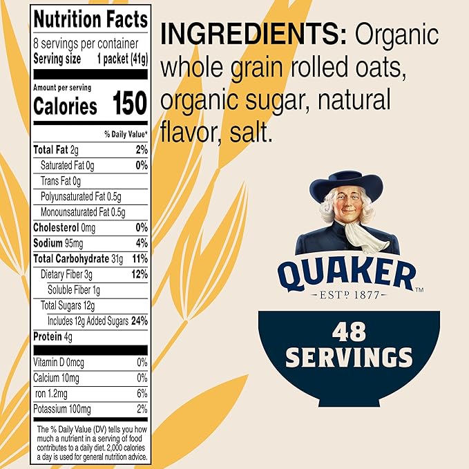 Quaker Instant Organic Oatmeal Maple & Brown Sugar Breakfast Cereal, 8 Packets Per Box (Pack of 6 Boxes)