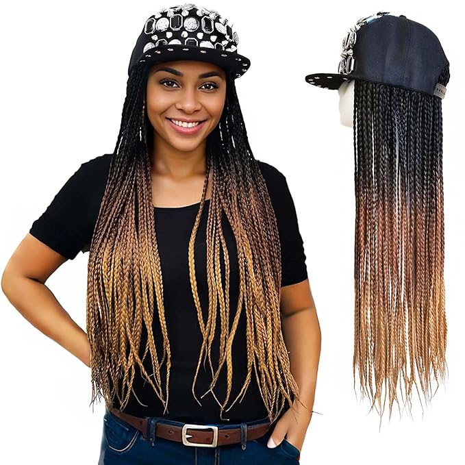 24inch Box Braid Hair Extensions Ombre Brown, Punk Studs Flat Baseball Cap Wigs for Women Girls Easy Wear