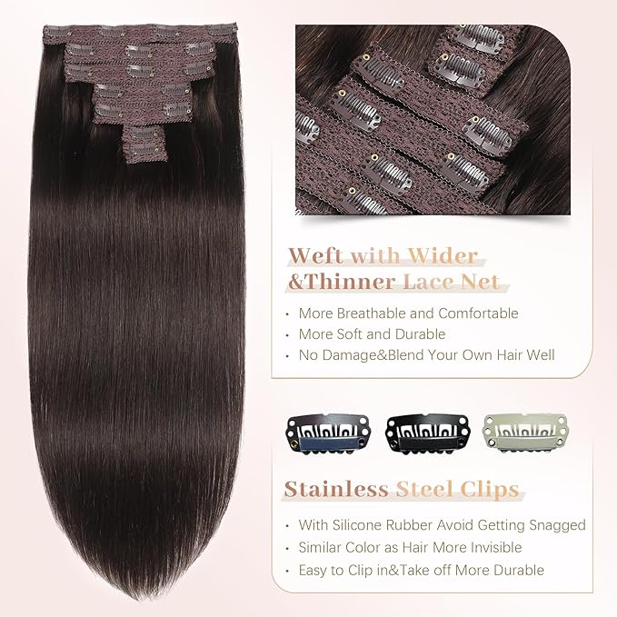 Sisily Clip in Hair Extensions Real Human Hair, 24 inch 120g, Dark Brown, 100% Brazilian Remy Human Hair Clip in Extensions Soft Straight 7pcs Per Set with 16 Clips Double Weft