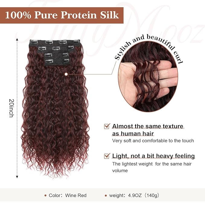 Clip in Hair Extensions, FLUFYMOOZ 4PC 100％ Pure Protein Silk Hair Extensions Long Soft Natural Hairpiece 20 Inch Curly Hair Extension for Women (Wine Red)