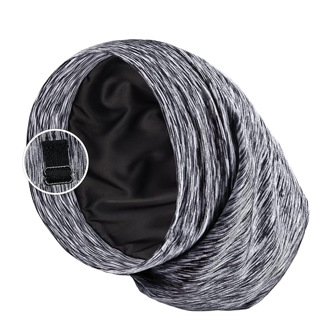 Satin Lined Sleep Cap Bonnet for Curly Hair and Braids, Stay On All Night Hair Wrap with Adjustable Strap for Women and Men, Dark Grey and White, Pack of 1
